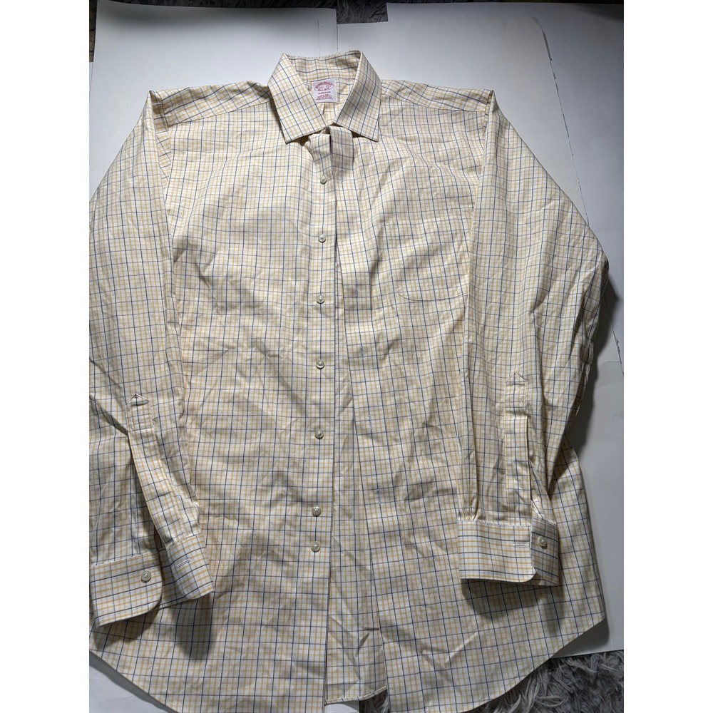 Brooks Brothers Madison Dress Shirt Mens 15.5 35 Yellow Check Supima Cotton